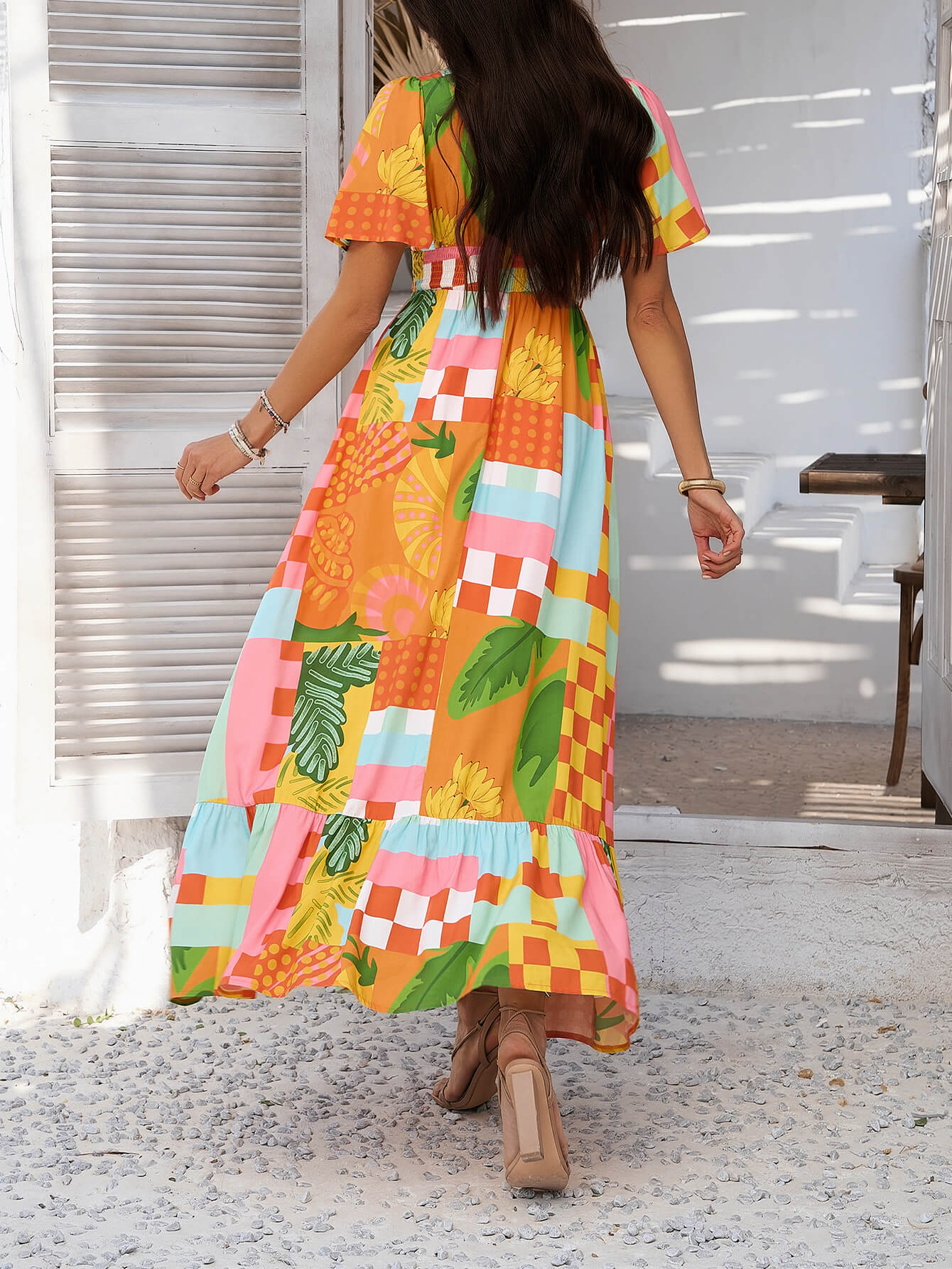 Oranje Bloemenprint Maxi Jurk | Gesmockte Taille | Tropische Zomerjurk Dames