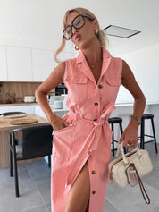 Roze Denim Jurk Dames | Knopen & Kraag | Zomerjurk met Borstzakken