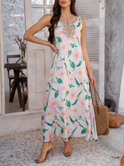 Roze Boho Maxi Jurk met Bloemenprint | Geborduurd Decolleté | Zomerjurk Dames