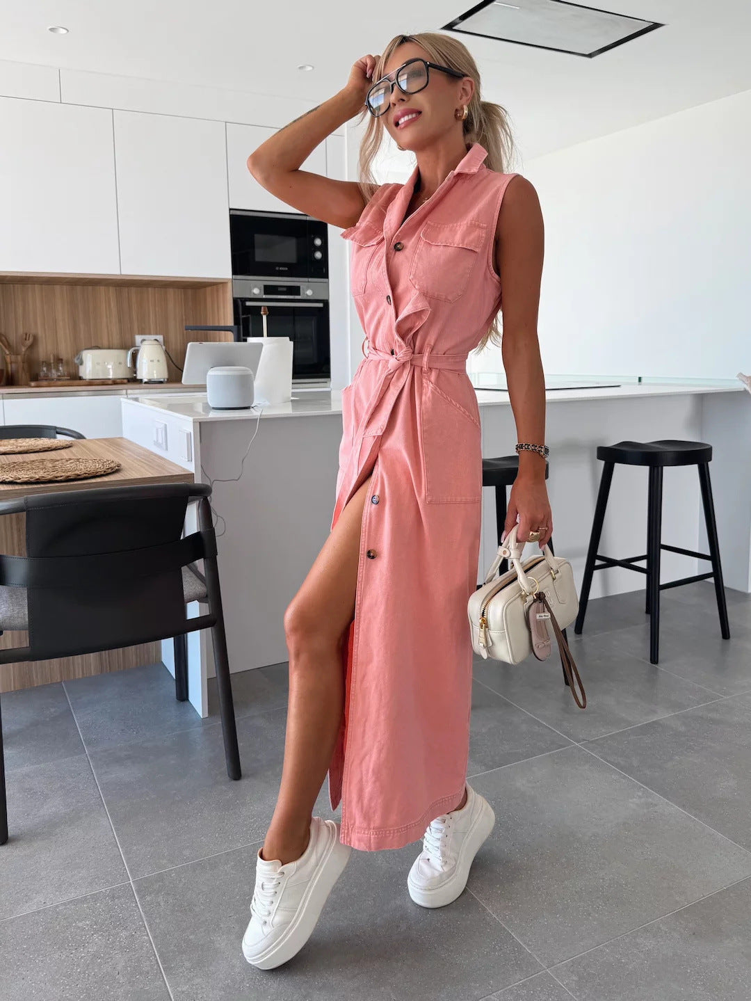 Roze Denim Jurk Dames | Knopen & Kraag | Zomerjurk met Borstzakken