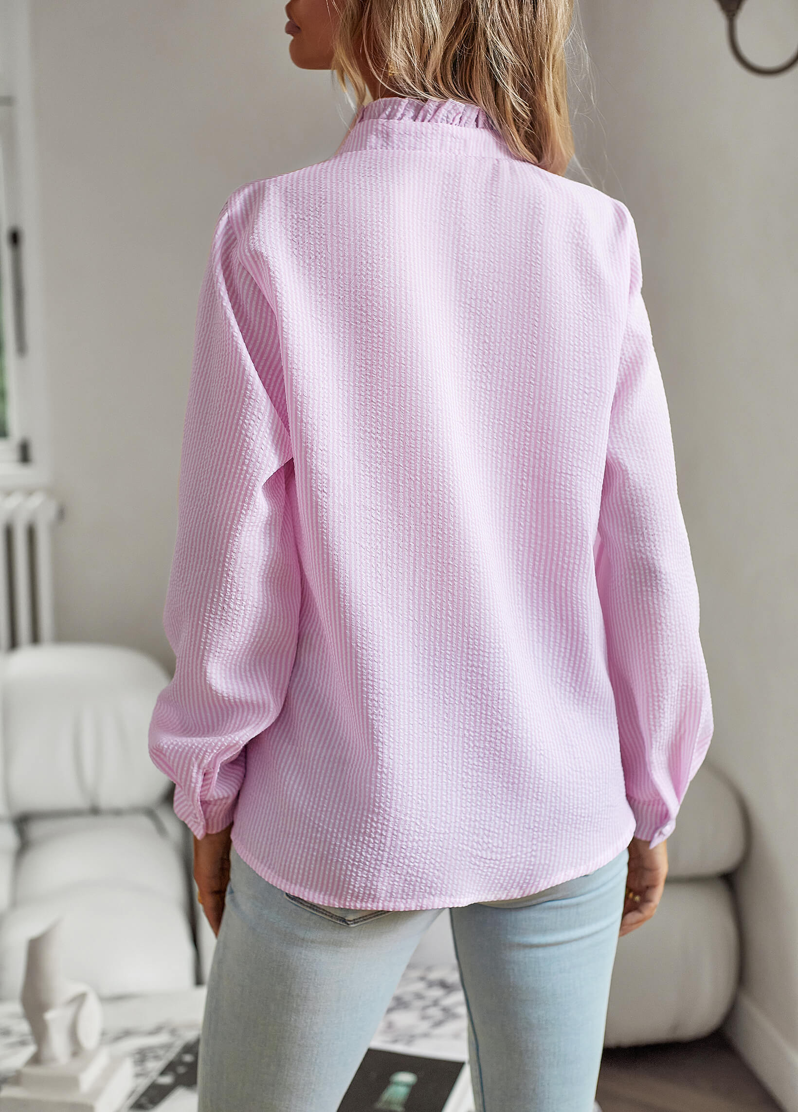Brixey Stripe Ruffle Button Down Top - Pink