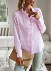 Brixey Stripe Ruffle Button Down Top - Pink