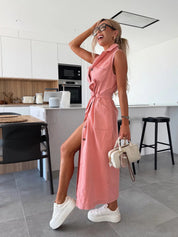 Roze Denim Jurk Dames | Knopen & Kraag | Zomerjurk met Borstzakken