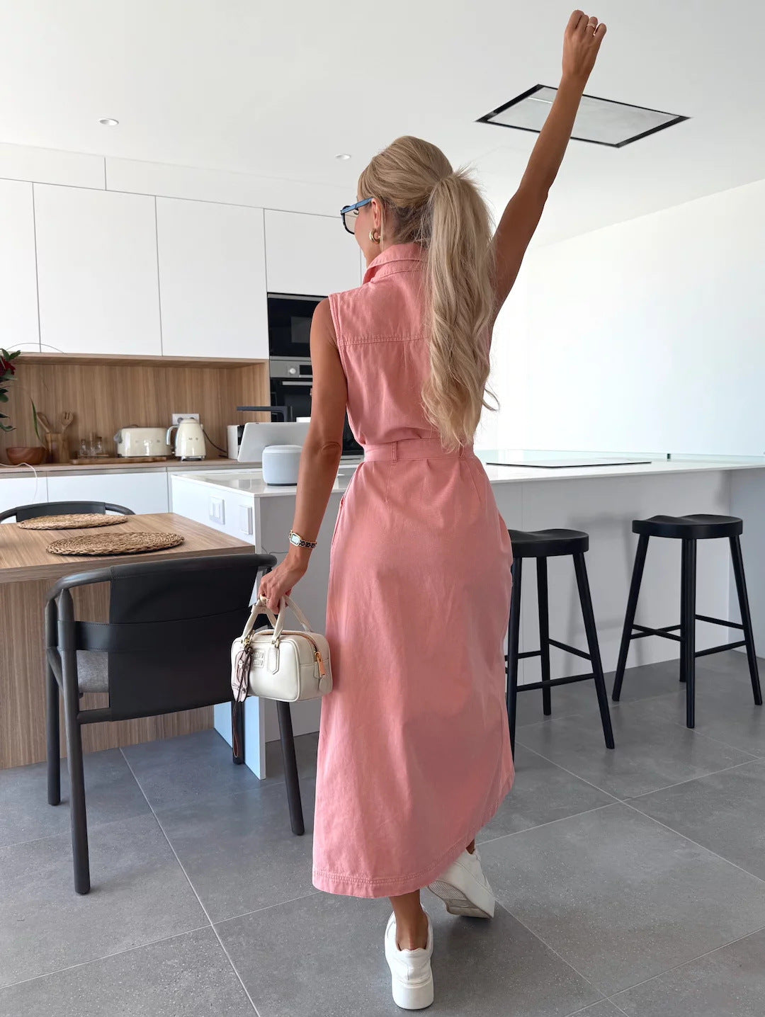 Roze Denim Jurk Dames | Knopen & Kraag | Zomerjurk met Borstzakken