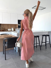 Roze Denim Jurk Dames | Knopen & Kraag | Zomerjurk met Borstzakken