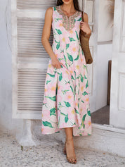 Roze Boho Maxi Jurk met Bloemenprint | Geborduurd Decolleté | Zomerjurk Dames