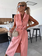 Roze Denim Jurk Dames | Knopen & Kraag | Zomerjurk met Borstzakken
