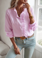 Brixey Stripe Ruffle Button Down Top - Pink