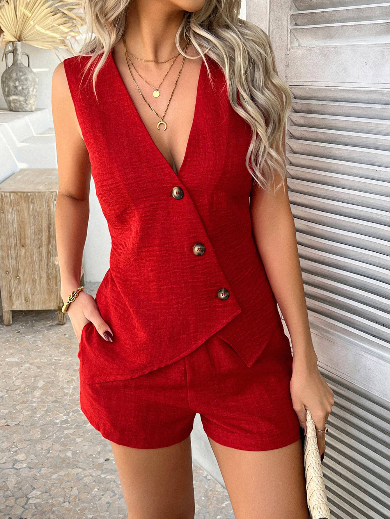Fiji | Gaas Knoop Vest Bijpassende Set - rood