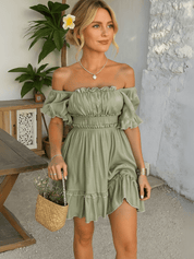 Pure Essence | Gesmockte Babydoll Mini Jurk - saligroen
