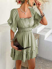 Pure Essence | Gesmockte Babydoll Mini Jurk - saligroen