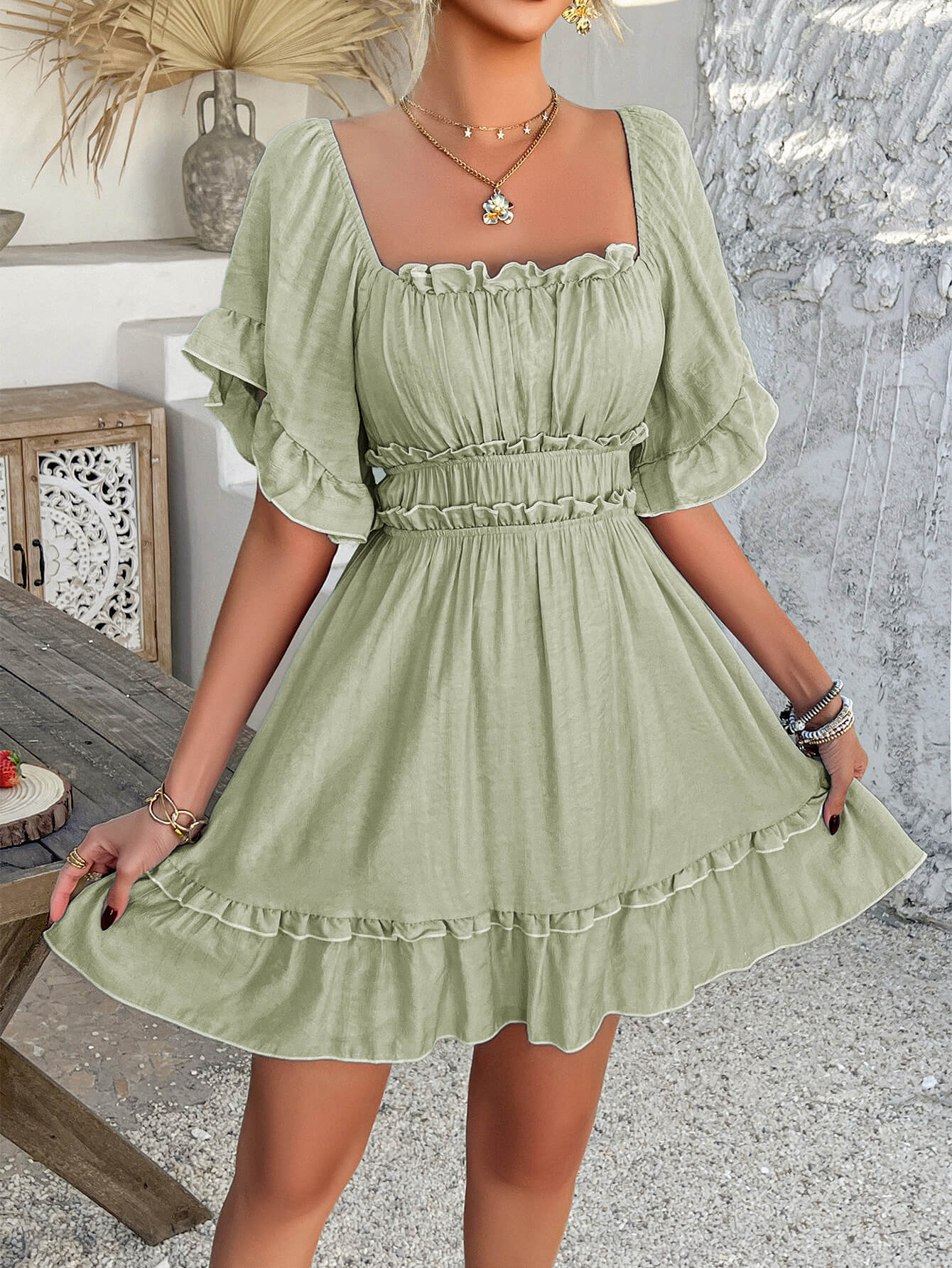 Pure Essence | Gesmockte Babydoll Mini Jurk - saligroen