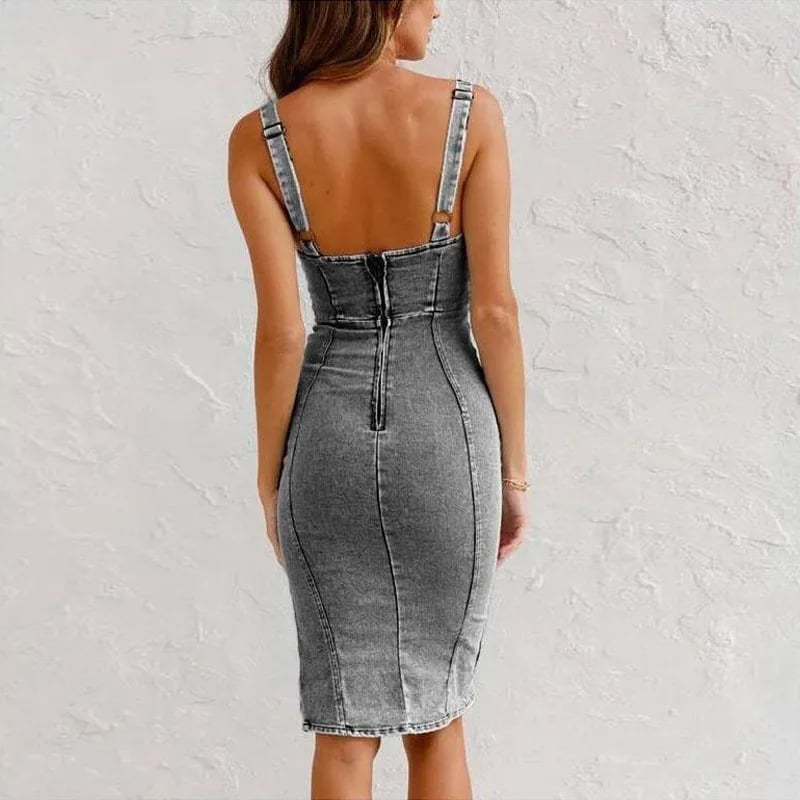 Denim Midi Jurk met Bandjes en Split