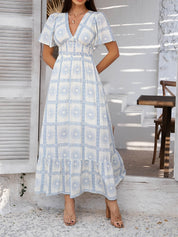 Wit Blauwe Abstract Print Maxi Jurk | Gesmockte Taille | Zomerjurk Dames