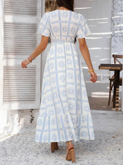 Wit Blauwe Abstract Print Maxi Jurk | Gesmockte Taille | Zomerjurk Dames